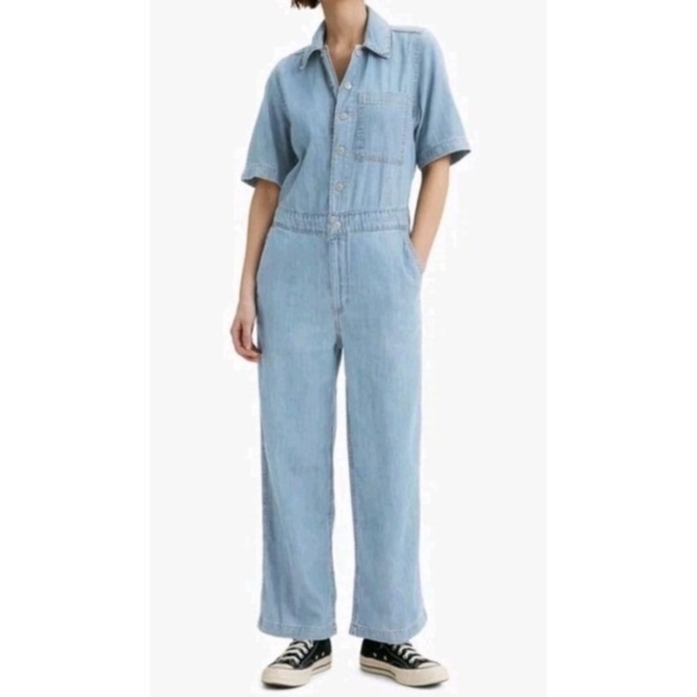 Levi Strauss Co Denim Jumpsuit Short Sleeve Collared Wide Leg Women‎ Sz XXL